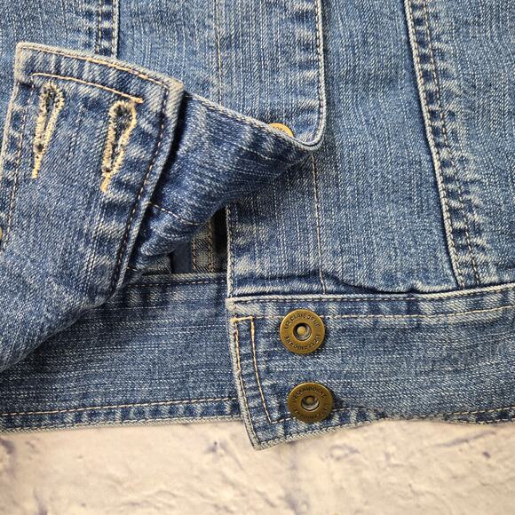 Liz Claiborne Denim Jean Jacket Knit Sleeves Shawl Collar Pocket Cuff Trim sz 14 - Picture 11 of 16